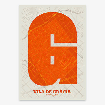 Decorative print of Barcelona composed with letters in a heavy geometric font printed on orange and an off-white background