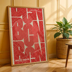 Modern interior design with a Gracia Quarter in Inseparable design, featuring the city's abbreviation in expressive typography over a detailed urban map designed in red and an off-white background, displayed on a living room wall