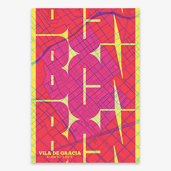 Poster of Barcelona composed with letters from its abbreviation or its airport IATA code printed on yellow and fuchsia