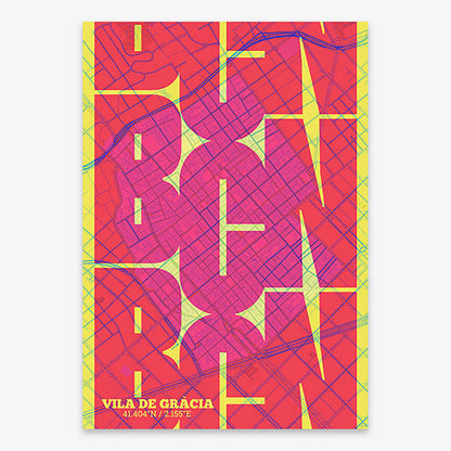 Poster of Barcelona composed with letters from its abbreviation or its airport IATA code printed on yellow and fuchsia