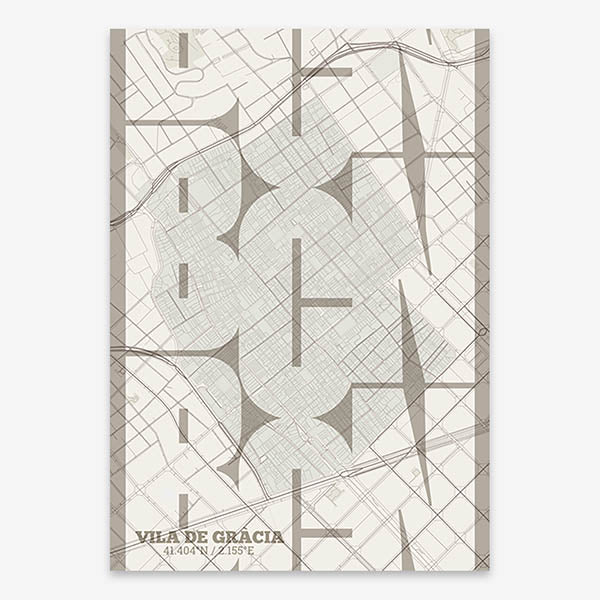 Poster of Barcelona composed with letters from its abbreviation or its airport IATA code printed on light brown and an off-white background