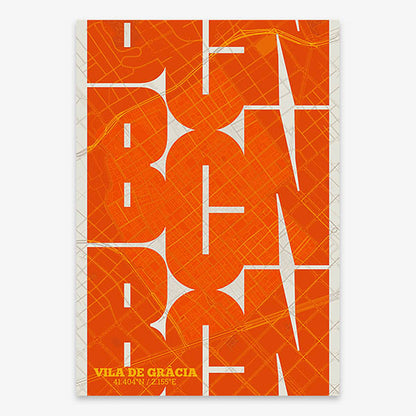 Poster of Barcelona composed with letters from its abbreviation or its airport IATA code printed on orange and an off-white background