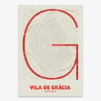 The map of Gracia Quarter in Ultralight design, a minimalist aesthetic combining urban cartography with modern, extra-thin elegant lettering designed in red and an off-white background