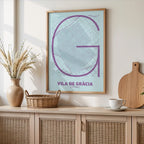 Modern interior design with a Gracia Quarter in Ultralight design, a minimalist aesthetic combining urban cartography with modern, extra-thin elegant lettering designed in purple and light blue, displayed on a living room wall