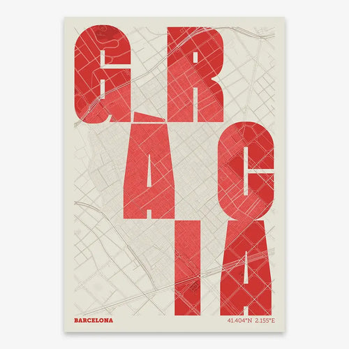 Mapa de del barrio de Gràcia, Barcelona, en el diseño la Revoltosa, donde las letras del nombre aparecen aleatoriamente en diferentes líneas para un diseño urbano realmente original diseñado en rojo y fondo blanco roto