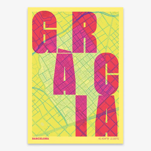 Mapa de del barrio de Gràcia, Barcelona, en el diseño la Revoltosa, donde las letras del nombre aparecen aleatoriamente en diferentes líneas para un diseño urbano realmente original diseñado en amarillo y fucsia