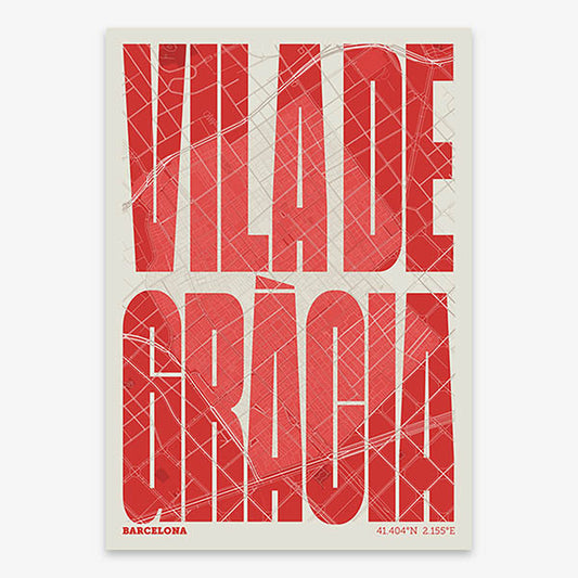 Decorative map of Barcelona and letters of its name in a giclée print designed in red and an off-white background
