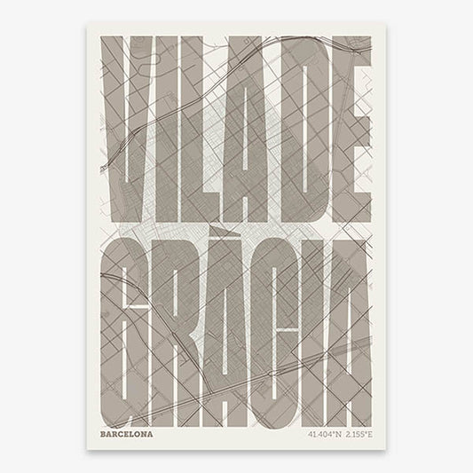 Decorative map of Barcelona and letters of its name in a giclée print designed in light brown and an off-white background