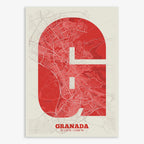 Decorative print of Granada composed with letters in a heavy geometric font printed on red and an off-white background