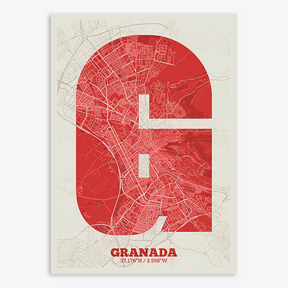 Decorative print of Granada composed with letters in a heavy geometric font printed on red and an off-white background