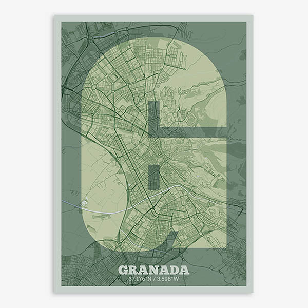 Decorative print of Granada composed with letters in a heavy geometric font printed on two green tones