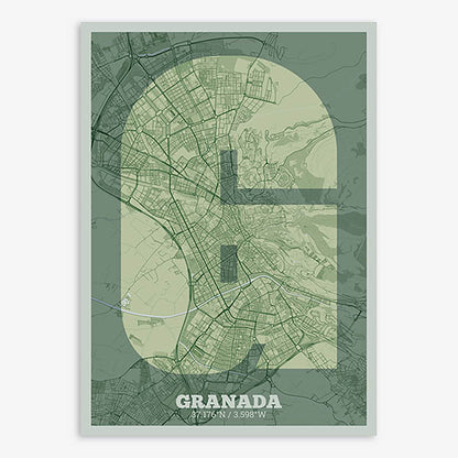 Decorative print of Granada composed with letters in a heavy geometric font printed on two green tones