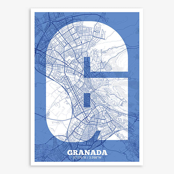 Decorative print of Granada composed with letters in a heavy geometric font printed on navy blue and white