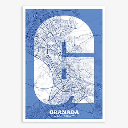 Decorative print of Granada composed with letters in a heavy geometric font printed on navy blue and white