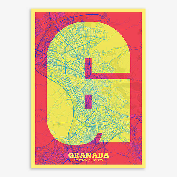 Decorative print of Granada composed with letters in a heavy geometric font printed on yellow and fuchsia