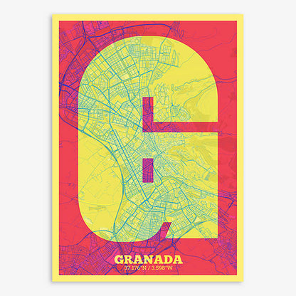 Decorative print of Granada composed with letters in a heavy geometric font printed on yellow and fuchsia