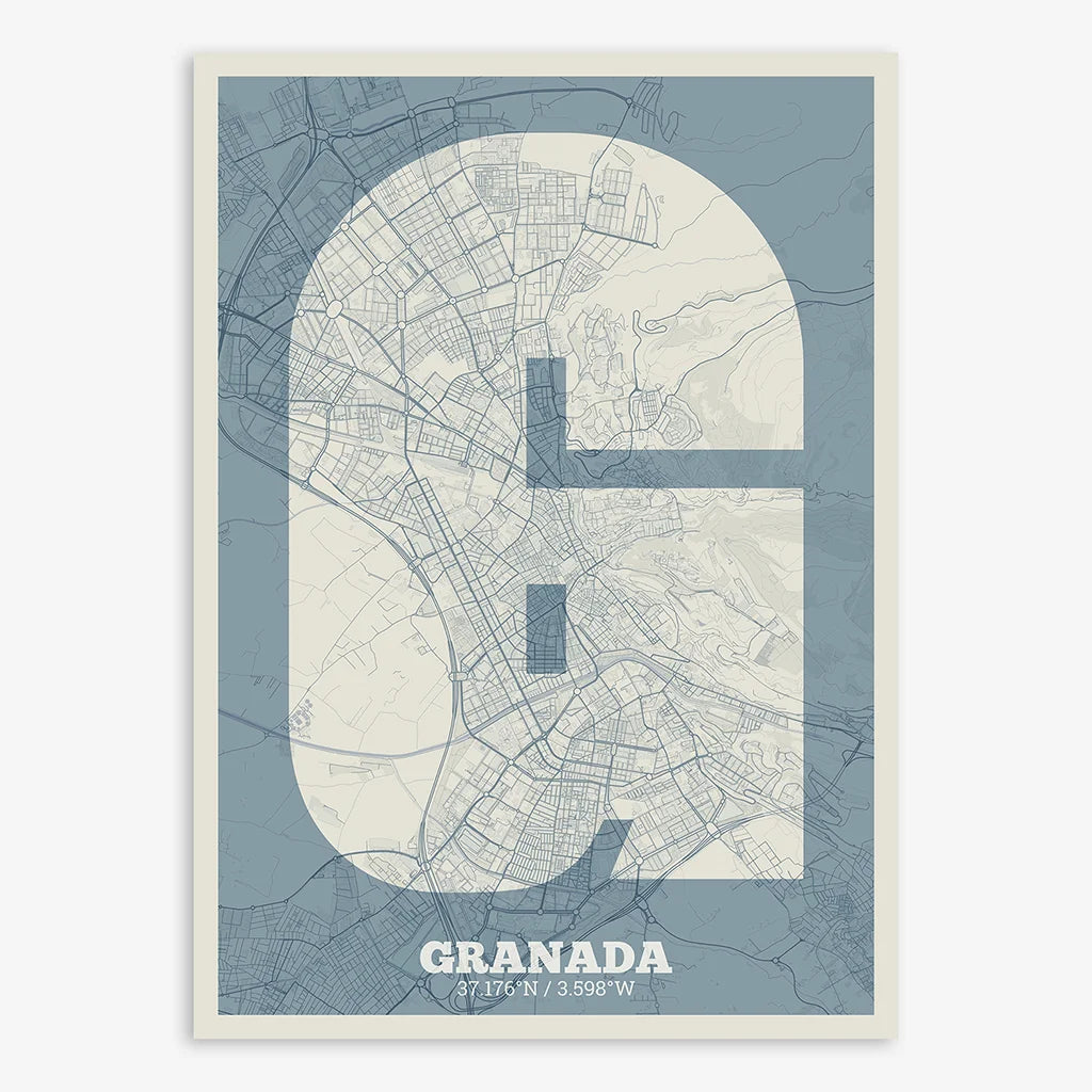 Decorative print of Granada composed with letters in a heavy geometric font printed on bluish gray and an off-white background