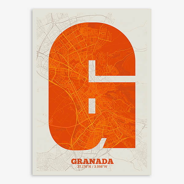 Decorative print of Granada composed with letters in a heavy geometric font printed on orange and an off-white background