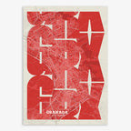 Poster of Granada composed with letters from its abbreviation or its airport IATA code printed on red and an off-white background