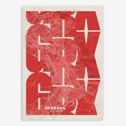 The map of Granada composed with letters from its name or IATA code printed on red and an off-white background