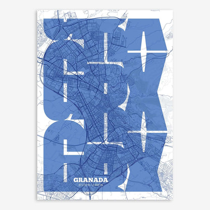 The map of Granada composed with letters from its name or IATA code printed on navy blue and white