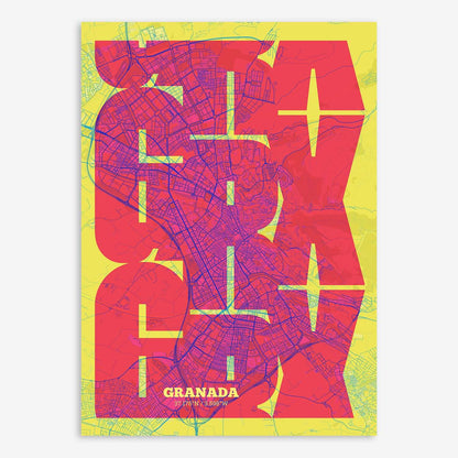 The map of Granada composed with letters from its name or IATA code printed on yellow and fuchsia