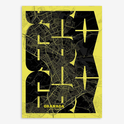 The map of Granada composed with letters from its name or IATA code printed on black and yellow