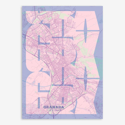 The map of Granada composed with letters from its name or IATA code printed on pink and light blue