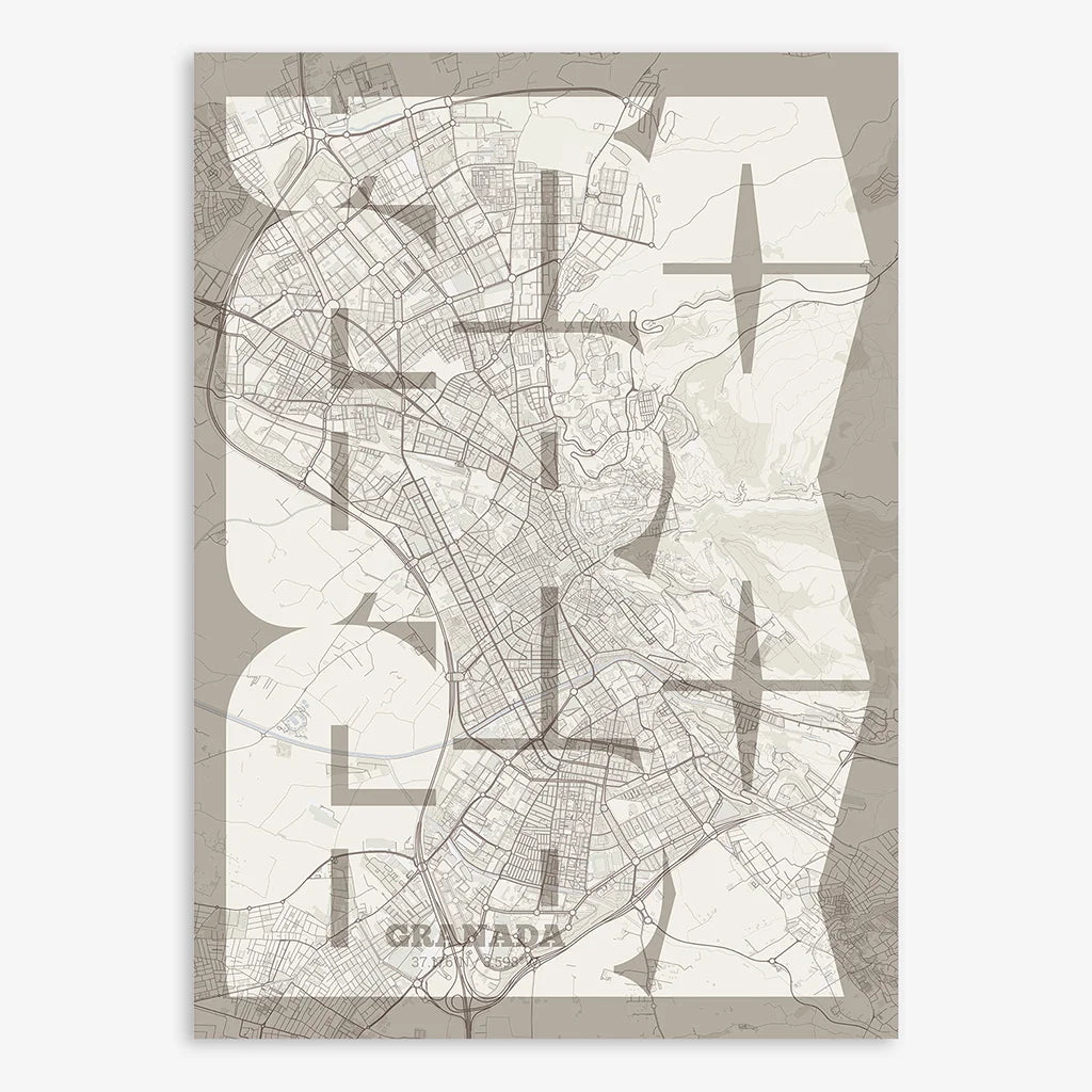 Poster of Granada composed with letters from its abbreviation or its airport IATA code printed on light brown and an off-white background