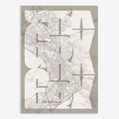 The map of Granada composed with letters from its name or IATA code printed on light brown and an off-white background