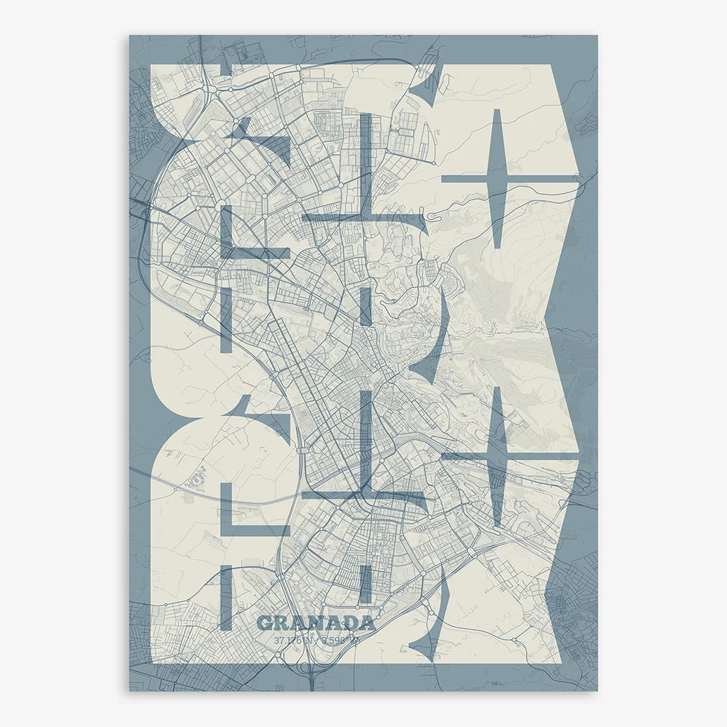 Poster of Granada composed with letters from its abbreviation or its airport IATA code printed on bluish gray and an off-white background