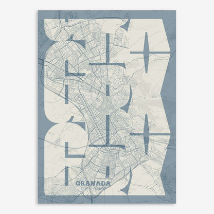 The map of Granada composed with letters from its name or IATA code printed on bluish gray and an off-white background
