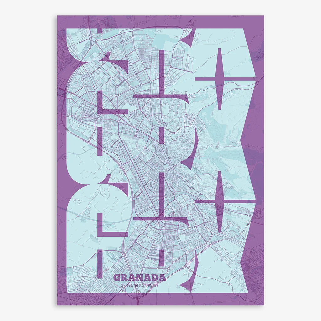 Poster of Granada composed with letters from its abbreviation or its airport IATA code printed on purple and light blue