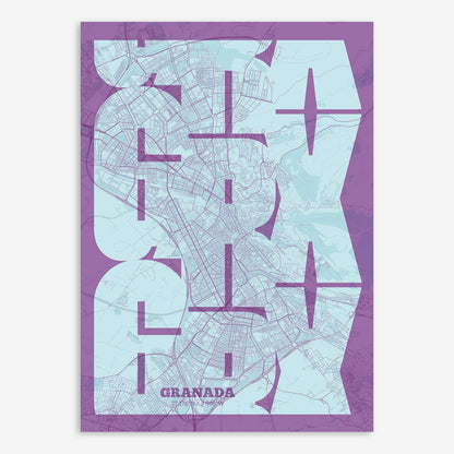 The map of Granada composed with letters from its name or IATA code printed on purple and light blue