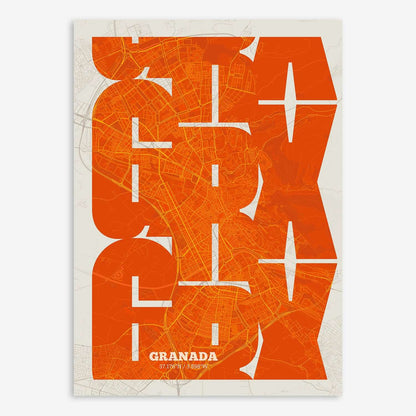 The map of Granada composed with letters from its name or IATA code printed on orange and an off-white background