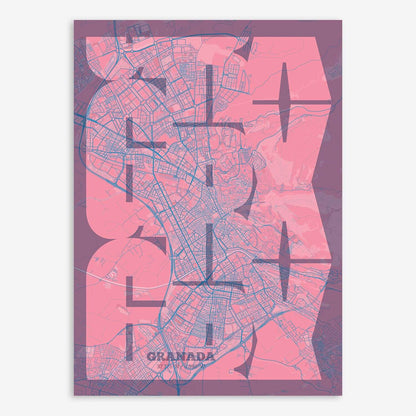 The map of Granada composed with letters from its name or IATA code printed on violet y pink background