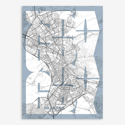 The map of Granada composed with letters from its name or IATA code printed on black and white