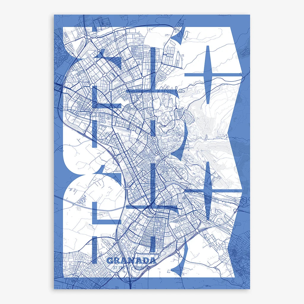 Poster of Granada composed with letters from its abbreviation or its airport IATA code printed on navy blue and white