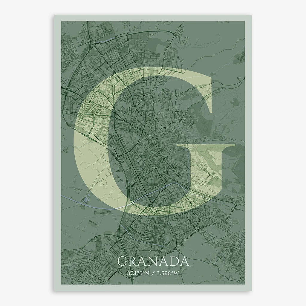 Decorative map of Granada composed with letters in serif font printed on two green tones