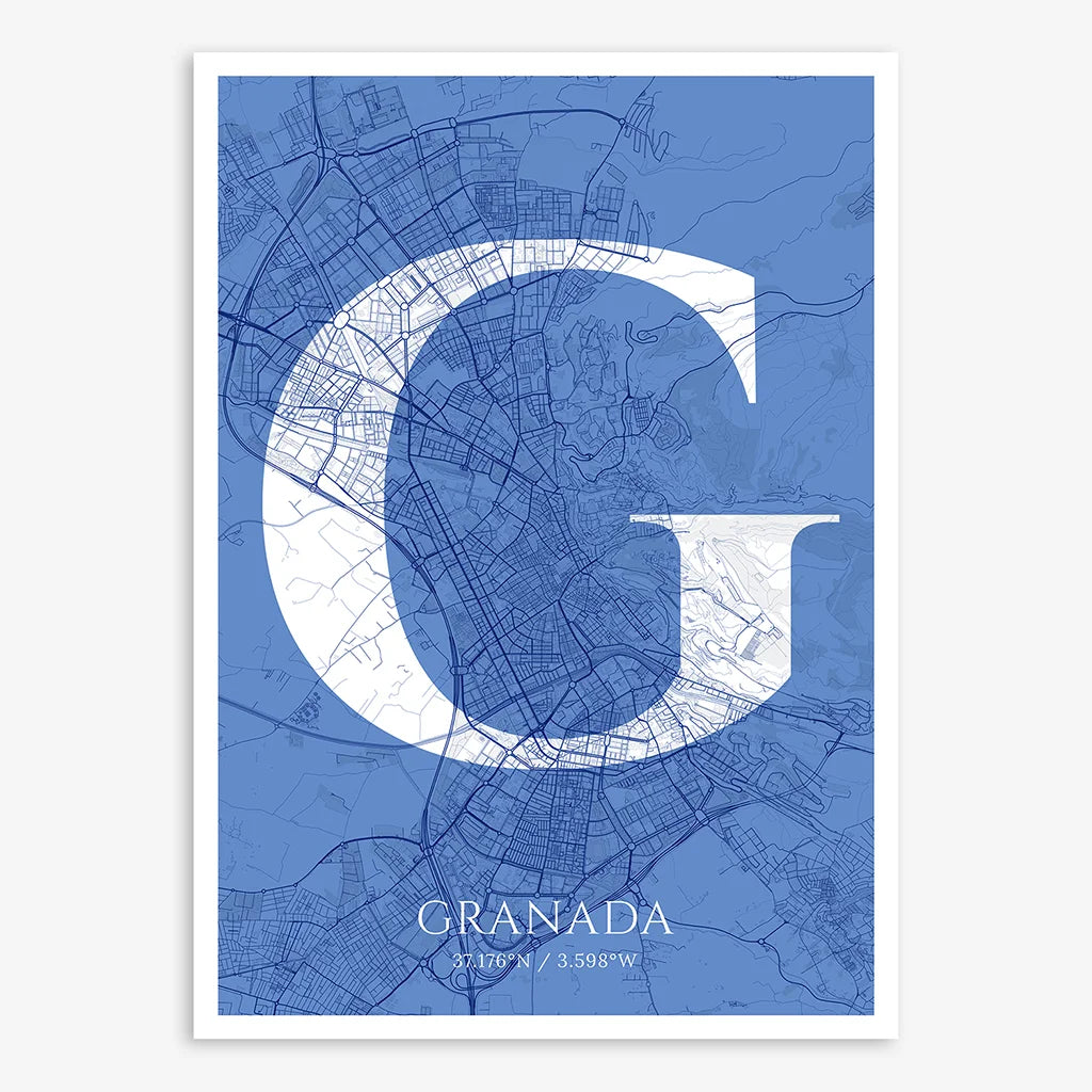 Decorative map of Granada composed with letters in serif font printed on navy blue and white