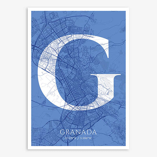 Decorative map of Granada composed with letters in serif font printed on navy blue and white
