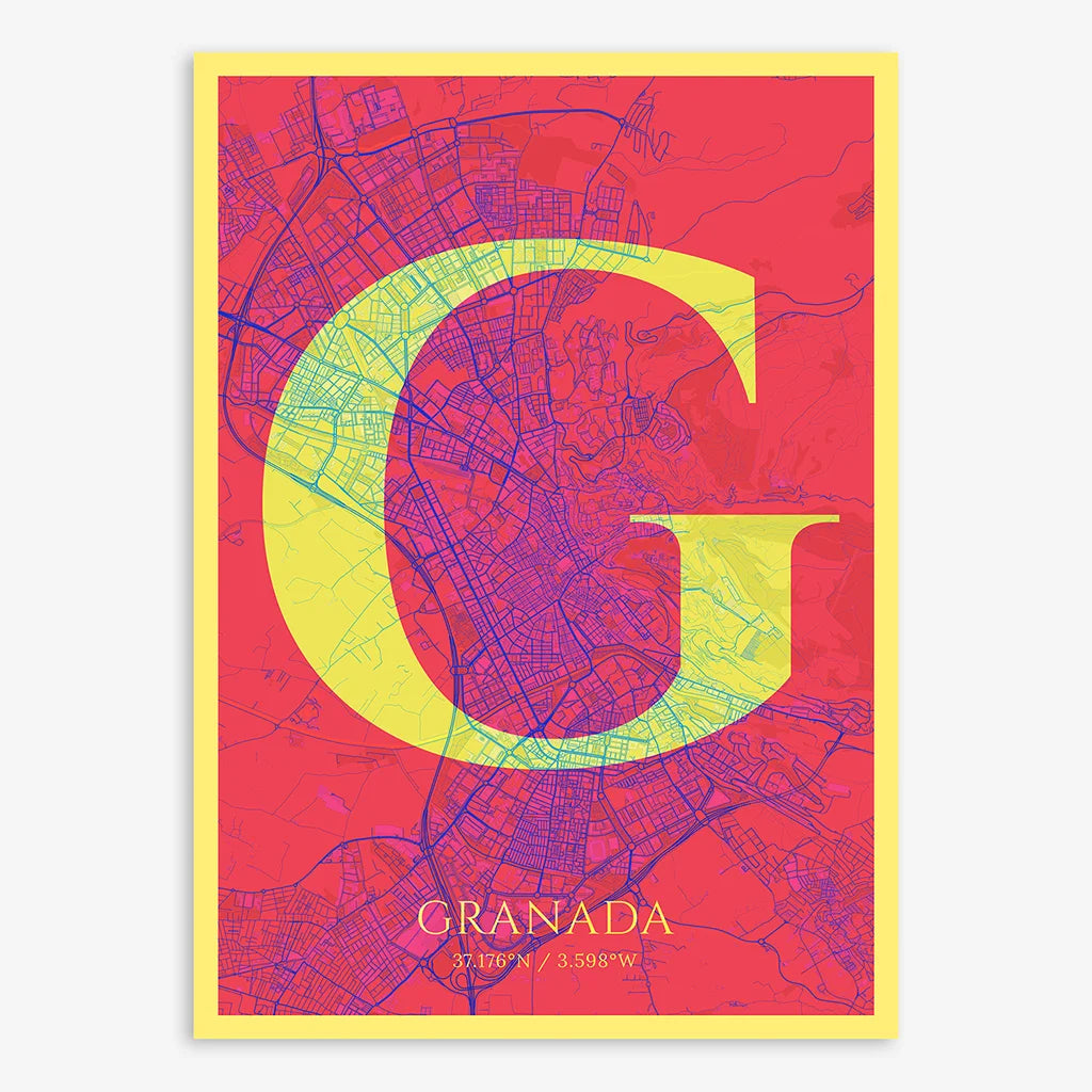 Decorative map of Granada composed with letters in serif font printed on yellow and fuchsia