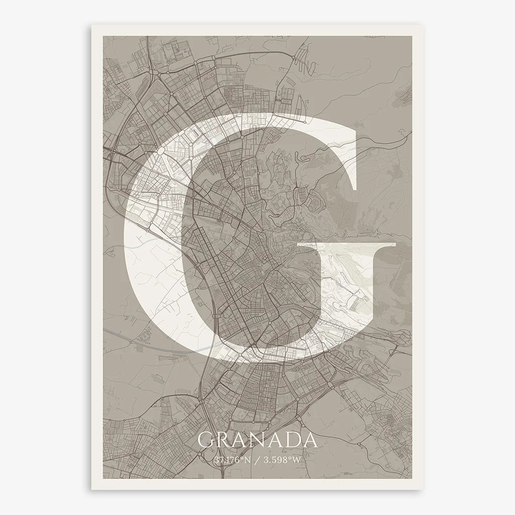 Decorative map of Granada composed with letters in serif font printed on light brown and an off-white background