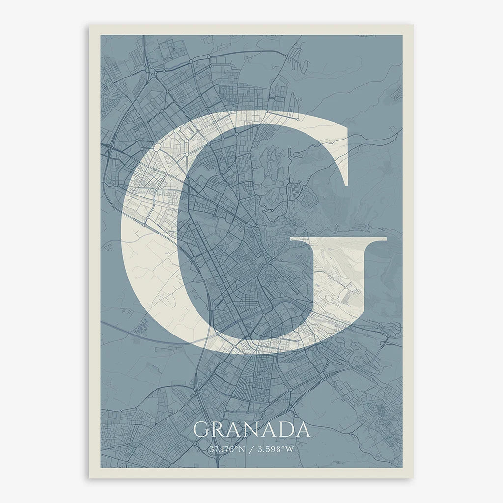 Decorative map of Granada composed with letters in serif font printed on bluish gray and an off-white background