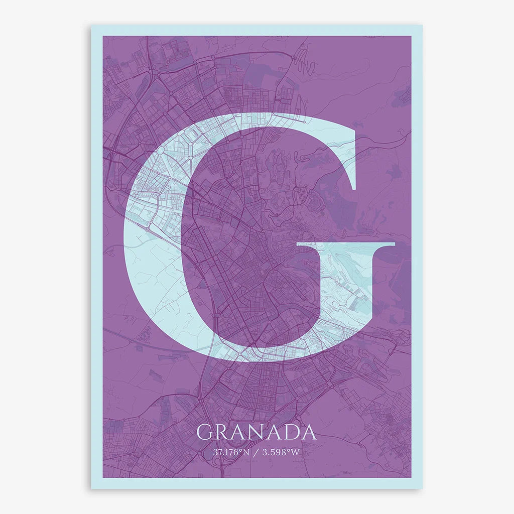 Decorative map of Granada composed with letters in serif font printed on purple and light blue