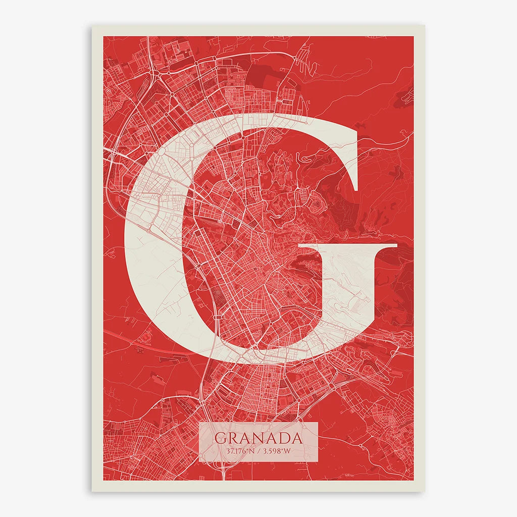 Decorative map of Granada composed with letters in serif font printed on red and an off-white background