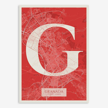 The map of Granada composed with letters in serif font printed on red and an off-white background