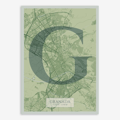The map of Granada composed with letters in serif font printed on two green tones