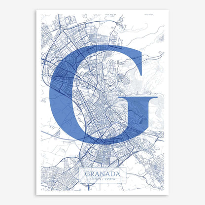 The map of Granada composed with letters in serif font printed on navy blue and white