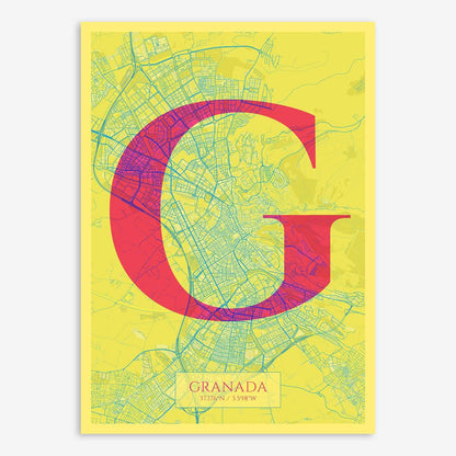 The map of Granada composed with letters in serif font printed on yellow and fuchsia